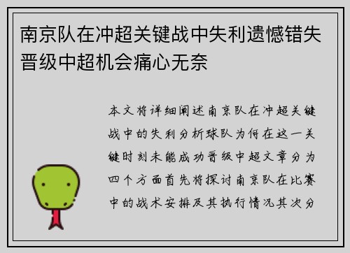 南京队在冲超关键战中失利遗憾错失晋级中超机会痛心无奈
